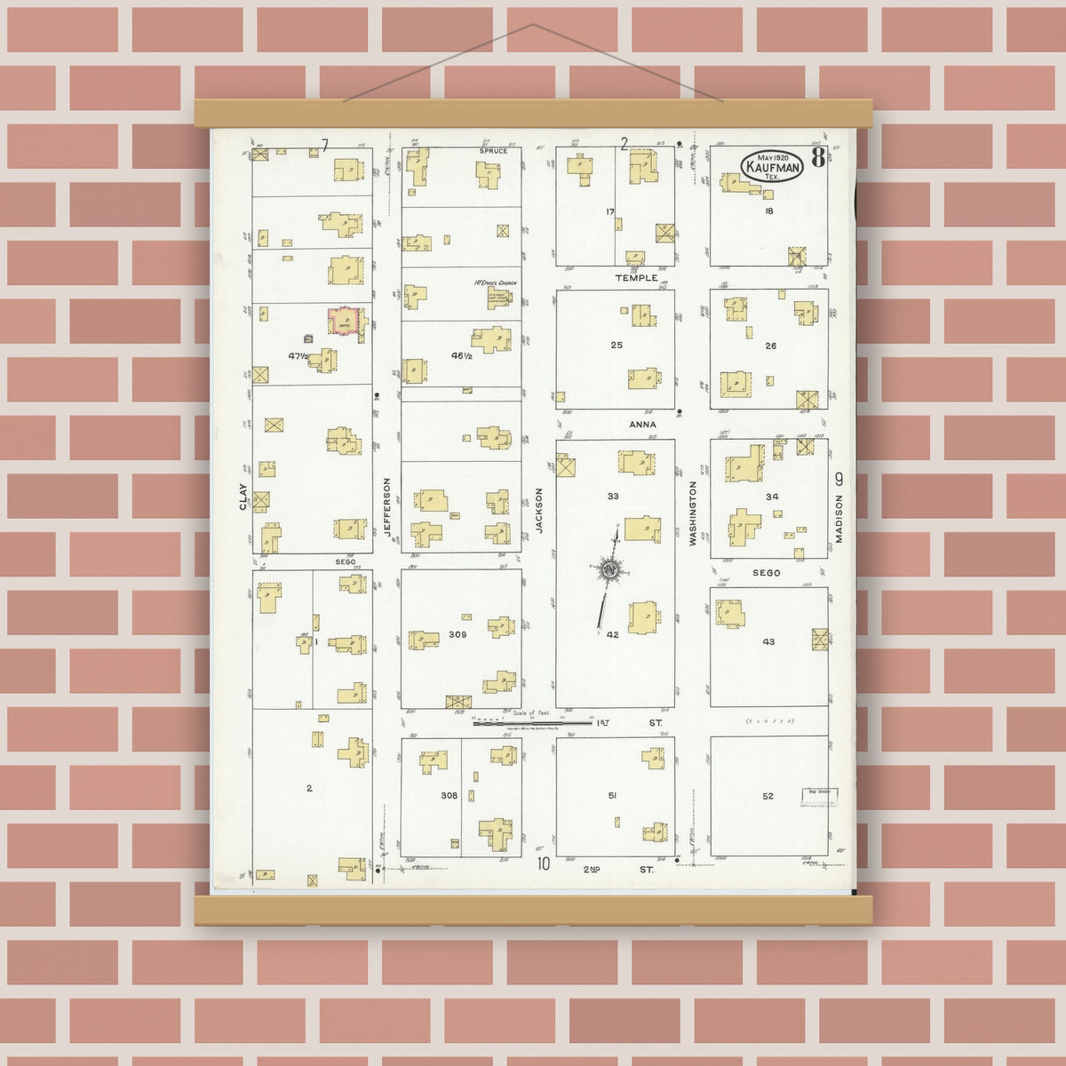 Old map wall art mockup — magnetic wood frame on brick wall — Sanborn Fire Insurance Map from Kaufman, Kaufman County, Texas (1920), Sheet #0008