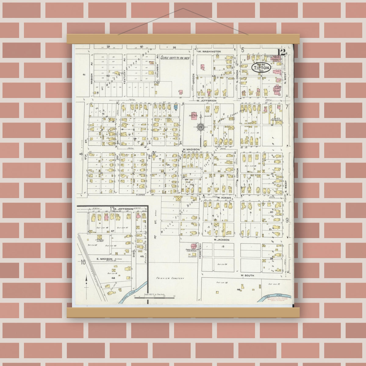 Old map wall art mockup — magnetic wood frame on brick wall — Sanborn Fire Insurance Map from Tipton, Tipton County, Indiana (1915), Sheet #0012