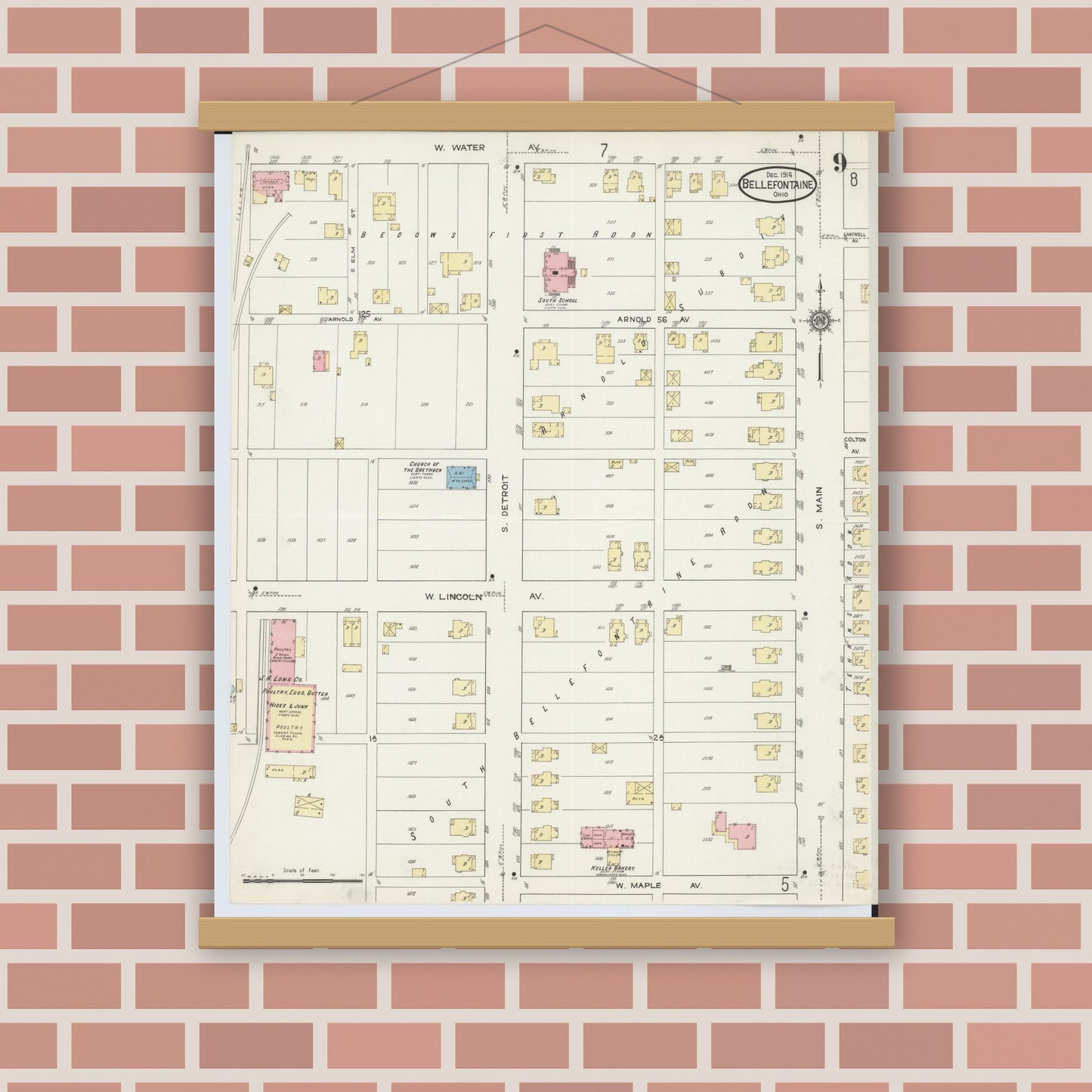 Old map wall art mockup — magnetic wood frame on brick wall — Sanborn Fire Insurance Map from Bellefontaine, Logan County, Ohio (1914), Sheet #0009
