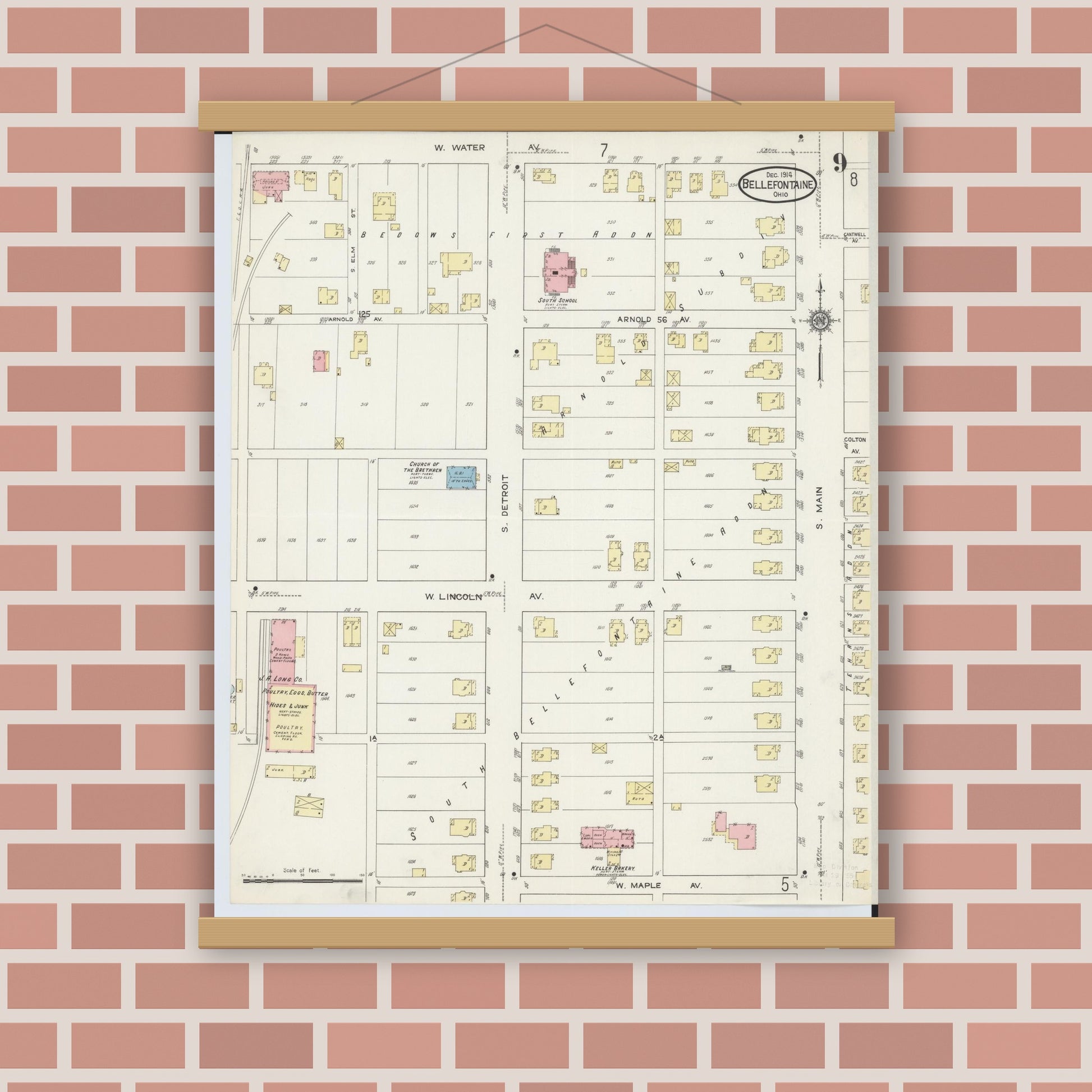 Old map wall art mockup — magnetic wood frame on brick wall — Sanborn Fire Insurance Map from Bellefontaine, Logan County, Ohio (1914), Sheet #0009