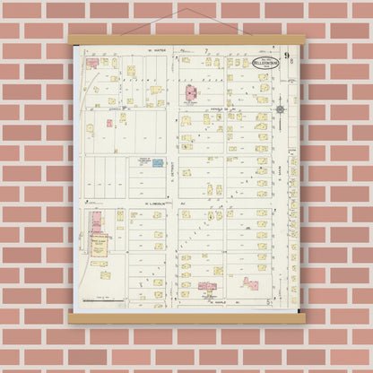 Old map wall art mockup — magnetic wood frame on brick wall — Sanborn Fire Insurance Map from Bellefontaine, Logan County, Ohio (1914), Sheet #0009