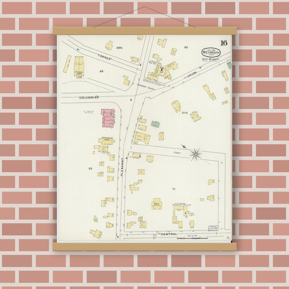 Old map wall art mockup — magnetic wood frame on brick wall — Sanborn Fire Insurance Map from Weymouth, Norfolk County, Massachusetts (1894), Sheet #0016