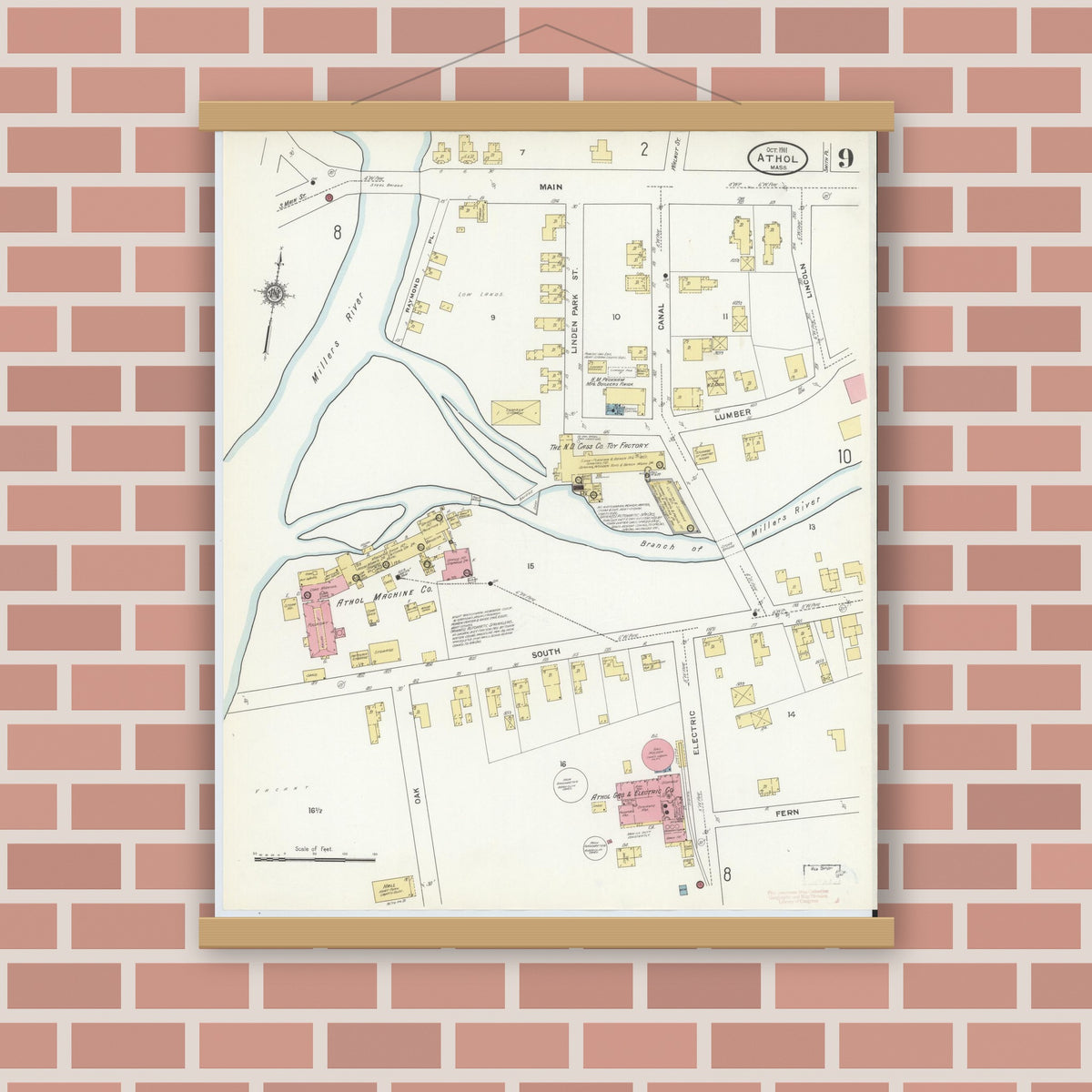 Old map wall art mockup — magnetic wood frame on brick wall — Sanborn Fire Insurance Map from Athol, Worcester County, Massachusetts (1911), Sheet #0009