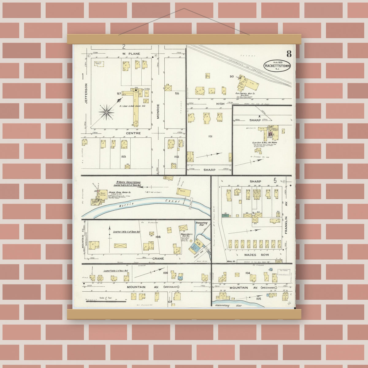 Old map wall art mockup — magnetic wood frame on brick wall — Sanborn Fire Insurance Map from Hackettstown, Warren County, New Jersey (1909), Sheet #0008