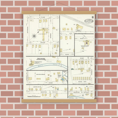 Old map wall art mockup — magnetic wood frame on brick wall — Sanborn Fire Insurance Map from Hackettstown, Warren County, New Jersey (1909), Sheet #0008