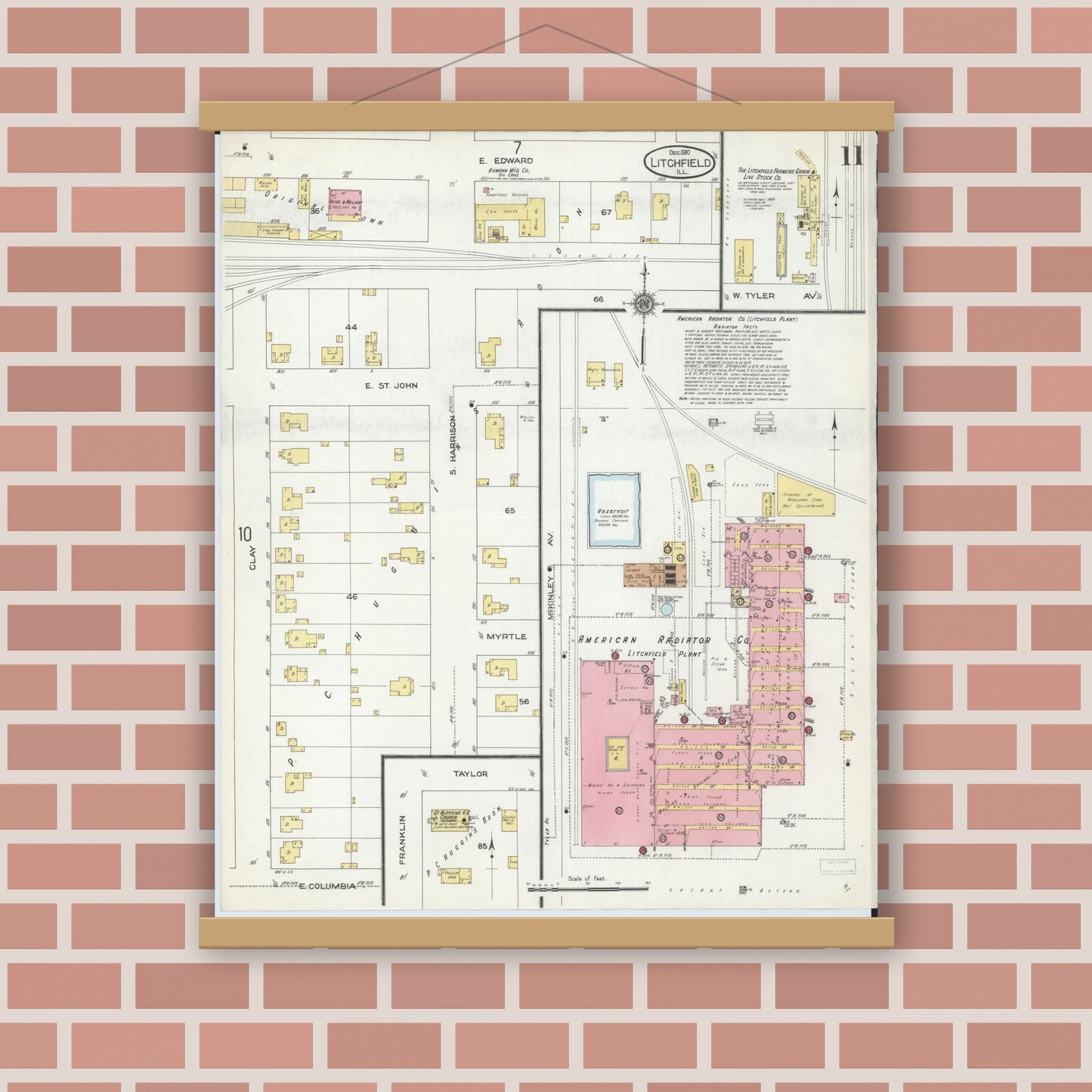 Old map wall art mockup — magnetic wood frame on brick wall — Sanborn Fire Insurance Map from Litchfield, Montgomery County, Illinois (1910), Sheet #0011