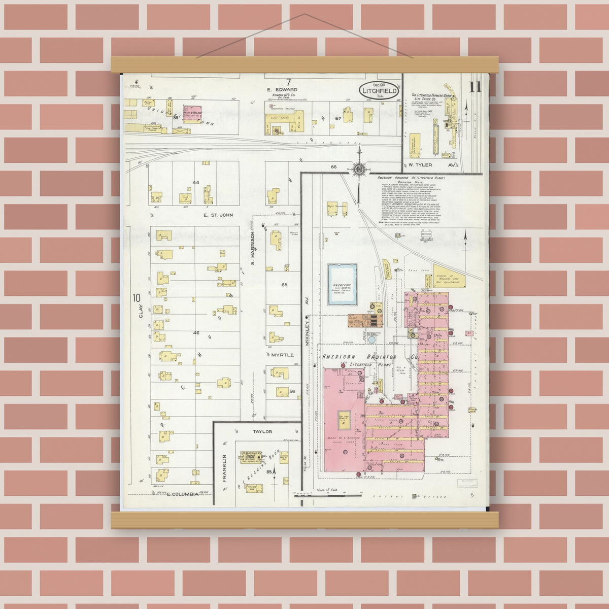 Old map wall art mockup — magnetic wood frame on brick wall — Sanborn Fire Insurance Map from Litchfield, Montgomery County, Illinois (1910), Sheet #0011