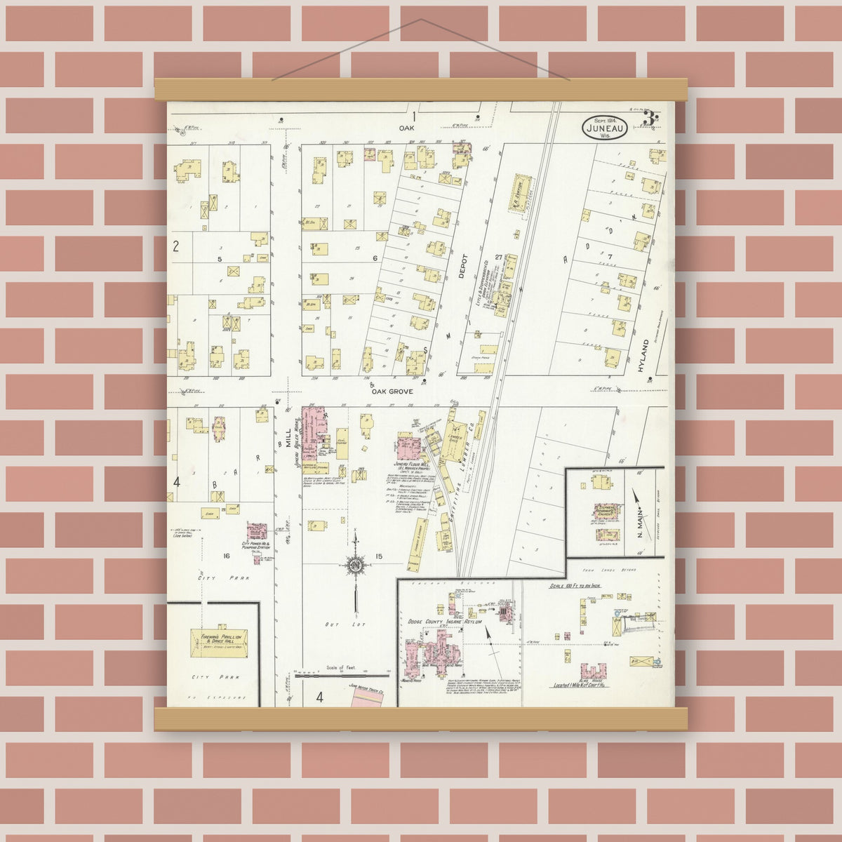 Old map wall art mockup — magnetic wood frame on brick wall — Sanborn Fire Insurance Map from Juneau, Dodge County, Wisconsin (1914), Sheet #0003