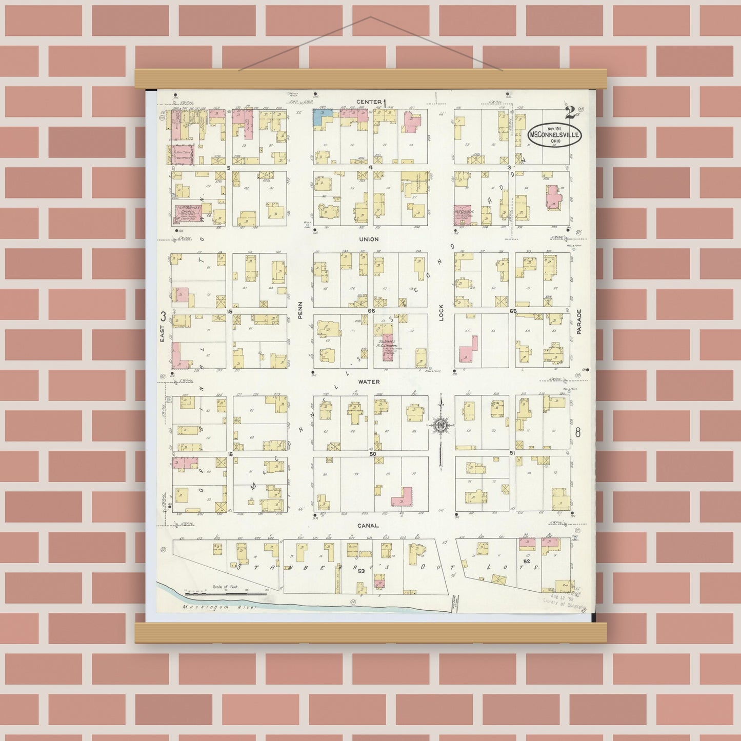 Old map wall art mockup — magnetic wood frame on brick wall — Sanborn Fire Insurance Map from McConnelsville, Morgan County, Ohio (1911), Sheet #0002