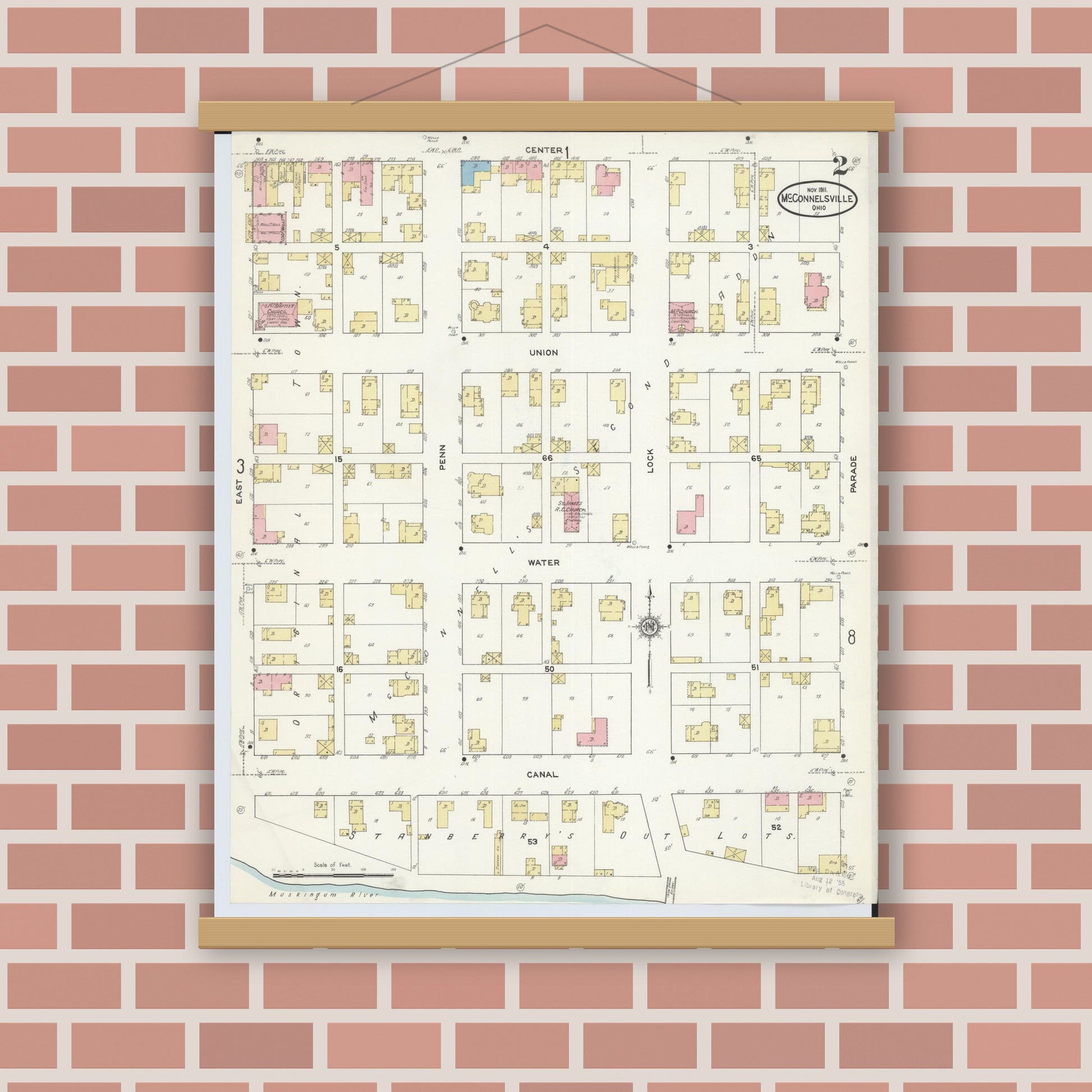 Old map wall art mockup — magnetic wood frame on brick wall — Sanborn Fire Insurance Map from McConnelsville, Morgan County, Ohio (1911), Sheet #0002