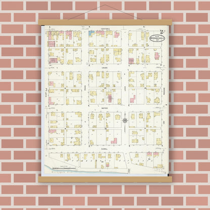 Old map wall art mockup — magnetic wood frame on brick wall — Sanborn Fire Insurance Map from McConnelsville, Morgan County, Ohio (1911), Sheet #0002
