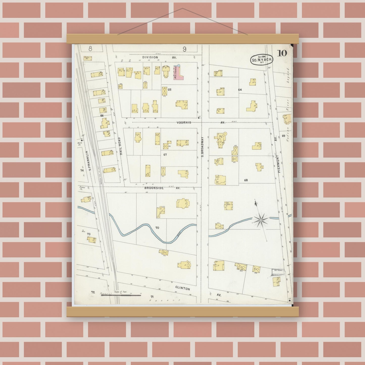 Old map wall art mockup — magnetic wood frame on brick wall — Sanborn Fire Insurance Map from Nyack, Rockland County, New York. (1896), Sheet #0010