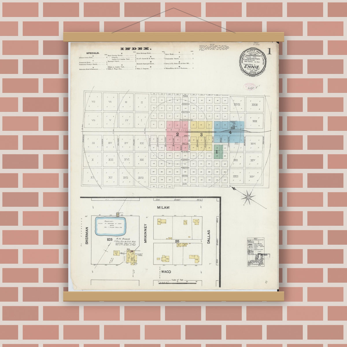 Old map wall art mockup — magnetic wood frame on brick wall — Sanborn Fire Insurance Map from Ennis, Ellis County, Texas (1890) - Complete Map Set