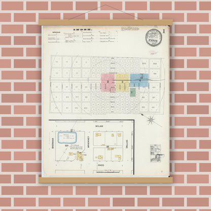 Old map wall art mockup — magnetic wood frame on brick wall — Sanborn Fire Insurance Map from Ennis, Ellis County, Texas (1890) - Complete Map Set