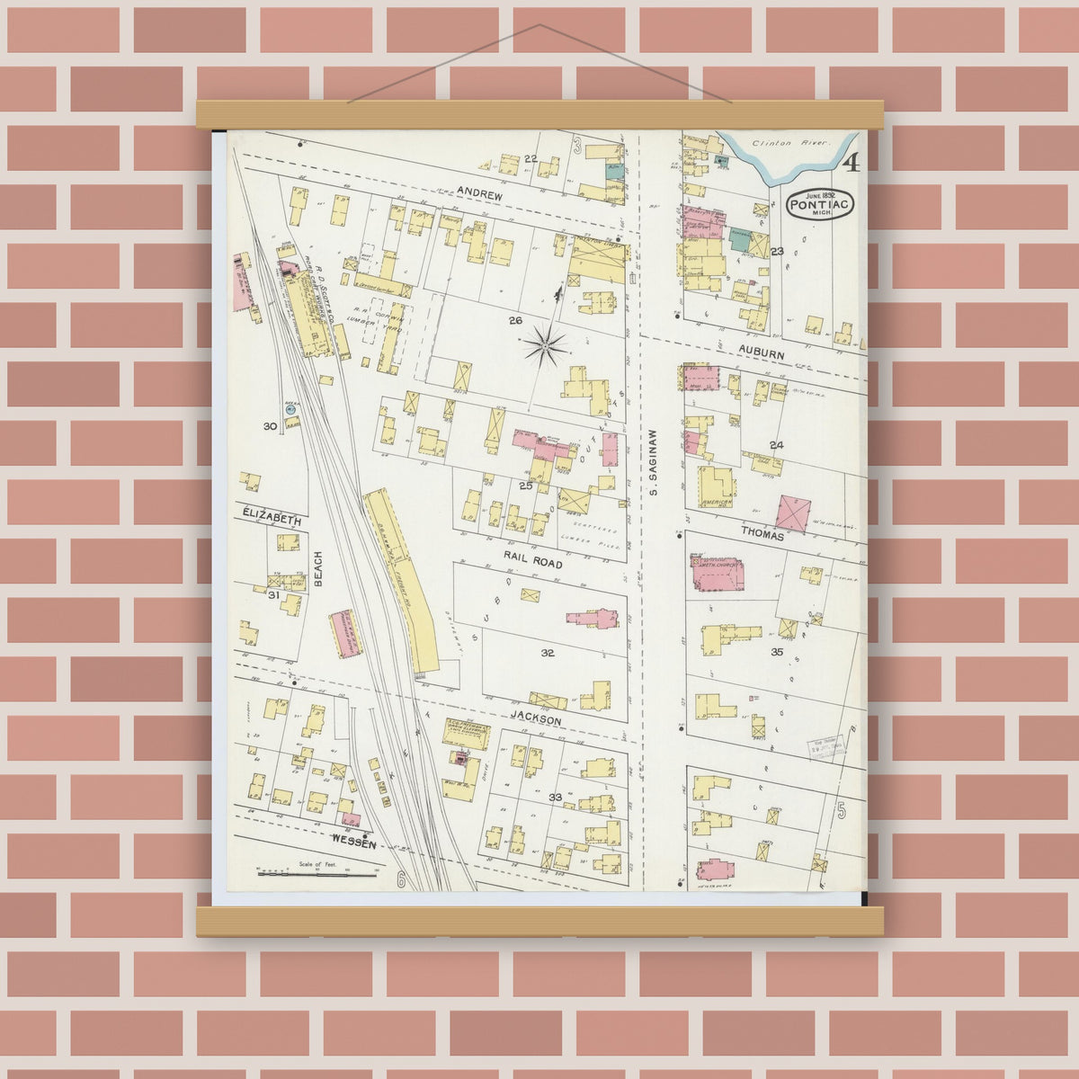 Old map wall art mockup — magnetic wood frame on brick wall — Sanborn Fire Insurance Map from Pontiac, Oakland County, Michigan (1892), Sheet #0004