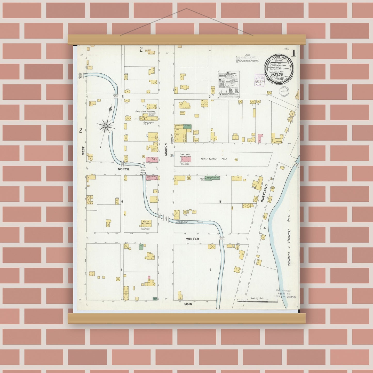 Old map wall art mockup — magnetic wood frame on brick wall — Sanborn Fire Insurance Map from Waldo, Marion County, Ohio (1901) - Complete Map Set