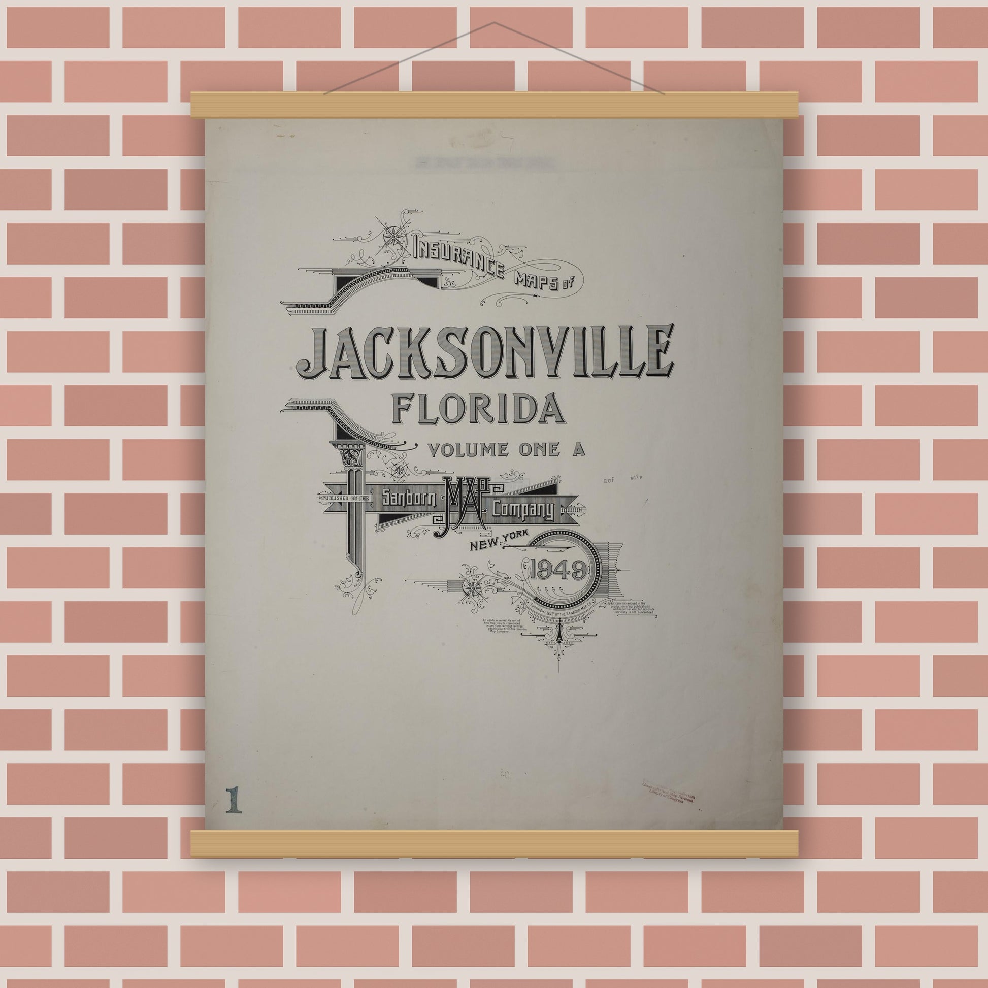 Old map wall art mockup — magnetic wood frame on brick wall — Sanborn Fire Insurance Map from Jacksonville, Duval County, Florida (1949), Sheet #0001