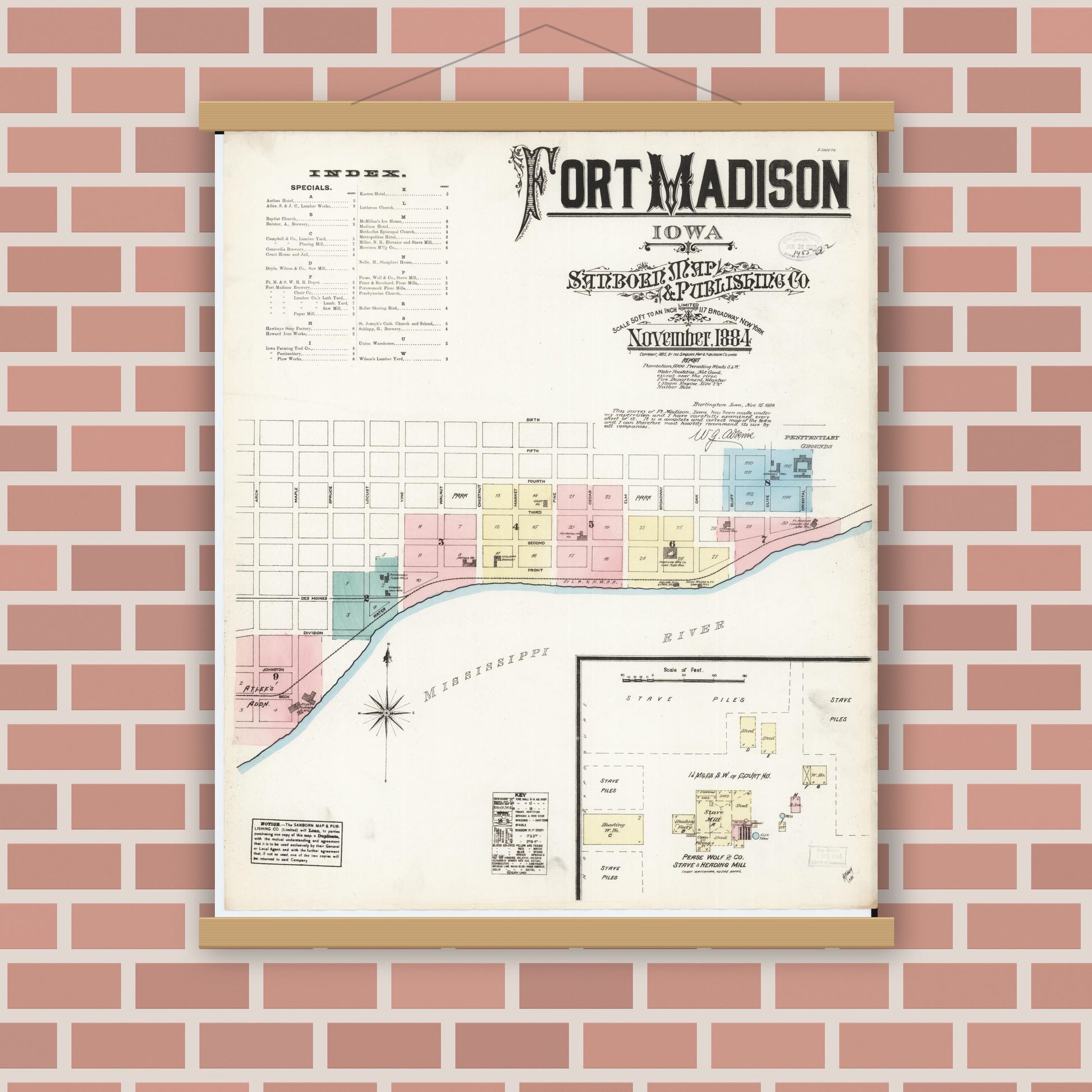 Old map wall art mockup — magnetic wood frame on brick wall — Sanborn Fire Insurance Map from Fort Madison, Lee County, Iowa (1884) â€” Complete Set