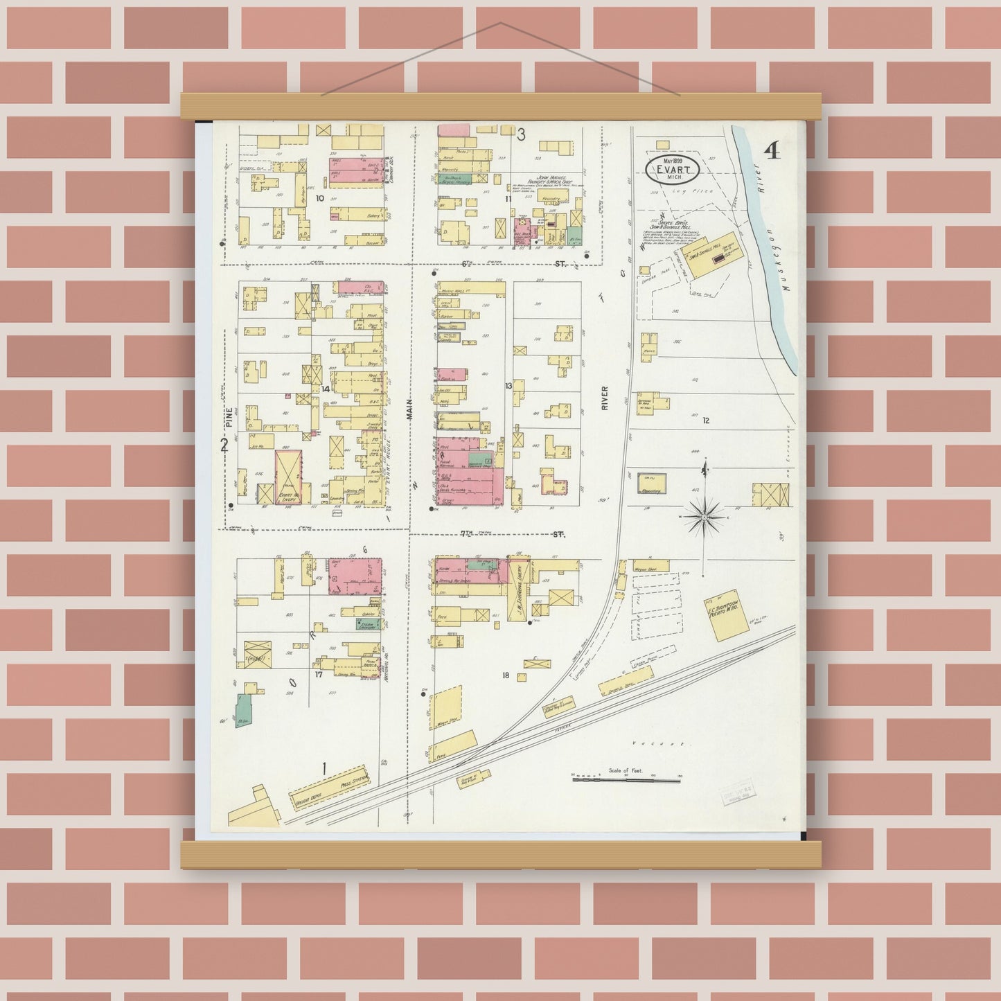 Old map wall art mockup — magnetic wood frame on brick wall — Sanborn Fire Insurance Map from Evart, Osceola County, Michigan (1899), Sheet #0004