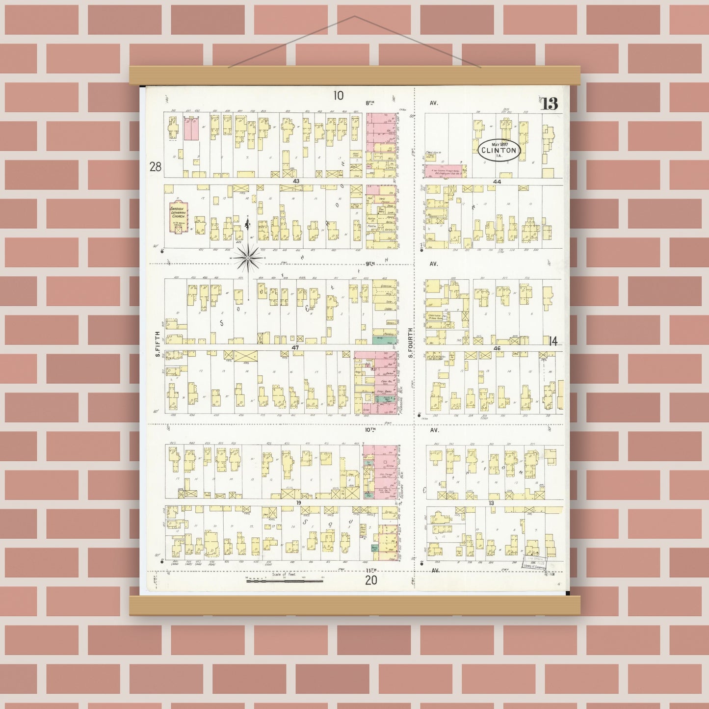 Old map wall art mockup — magnetic wood frame on brick wall — Sanborn Fire Insurance Map from Clinton, Clinton County, Iowa (1897), Sheet #0013