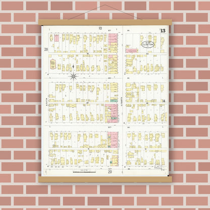 Old map wall art mockup — magnetic wood frame on brick wall — Sanborn Fire Insurance Map from Clinton, Clinton County, Iowa (1897), Sheet #0013
