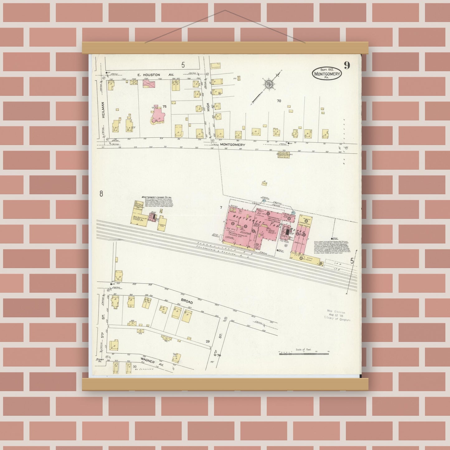 Old map wall art mockup — magnetic wood frame on brick wall — Sanborn Fire Insurance Map from Montgomery, Lycoming County, Pennsylvania (1912), Sheet #0009