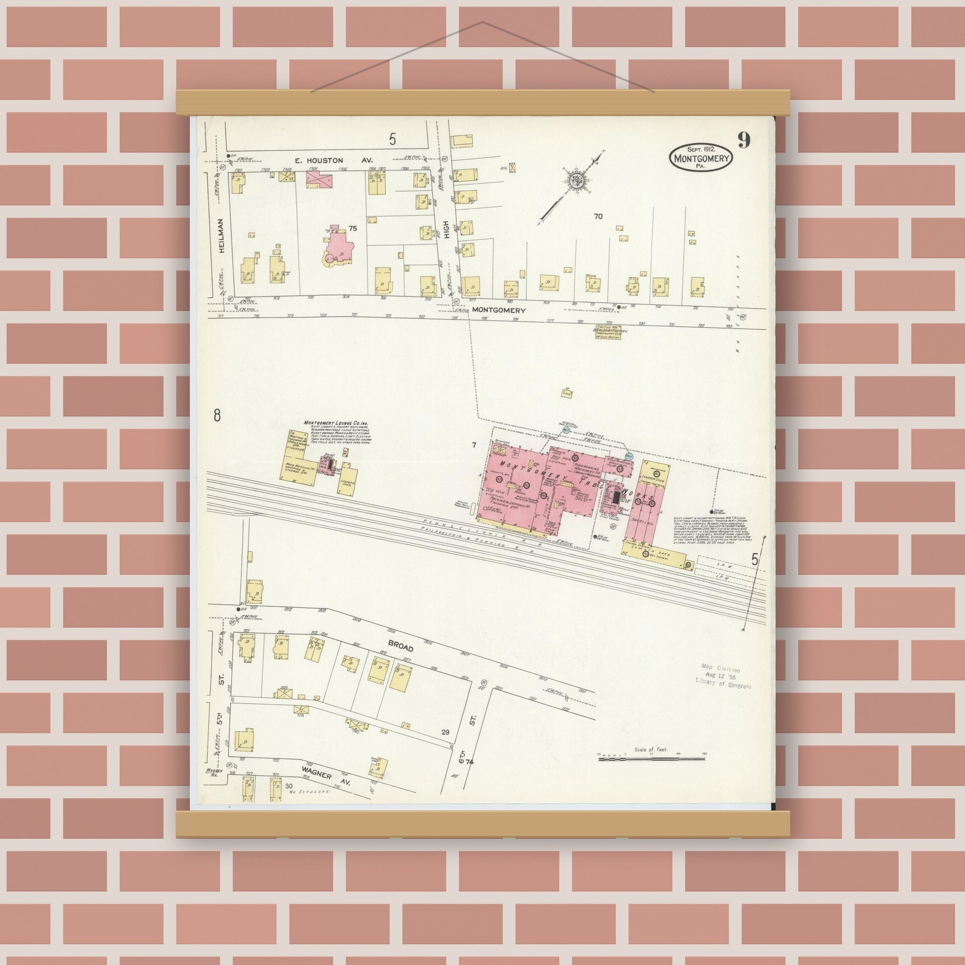 Old map wall art mockup — magnetic wood frame on brick wall — Sanborn Fire Insurance Map from Montgomery, Lycoming County, Pennsylvania (1912), Sheet #0009