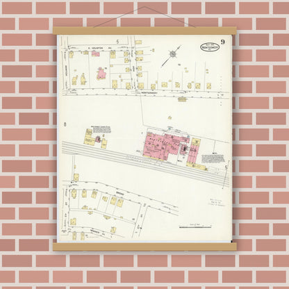 Old map wall art mockup — magnetic wood frame on brick wall — Sanborn Fire Insurance Map from Montgomery, Lycoming County, Pennsylvania (1912), Sheet #0009