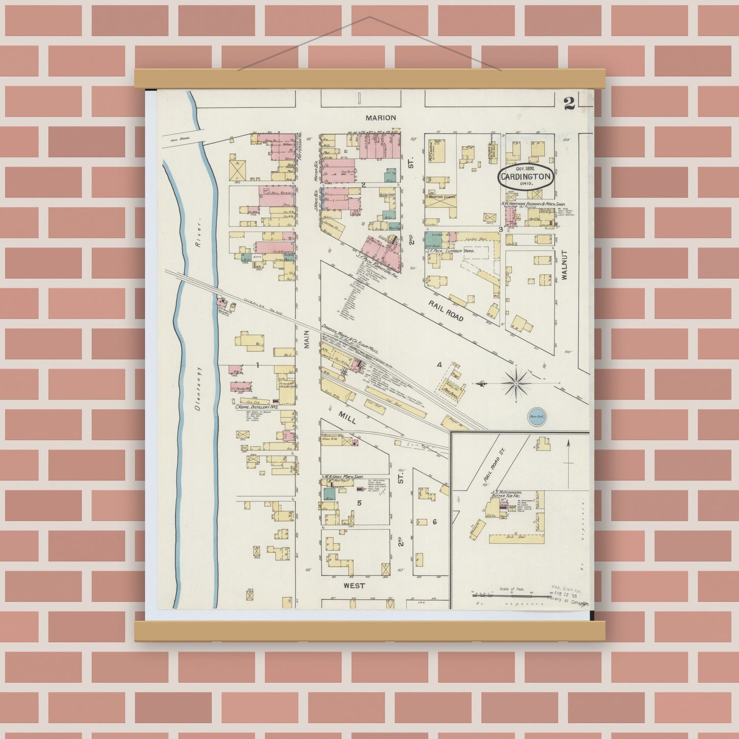 Old map wall art mockup — magnetic wood frame on brick wall — Sanborn Fire Insurance Map from Cardington, Morrow County, Ohio (1892), Sheet #0002