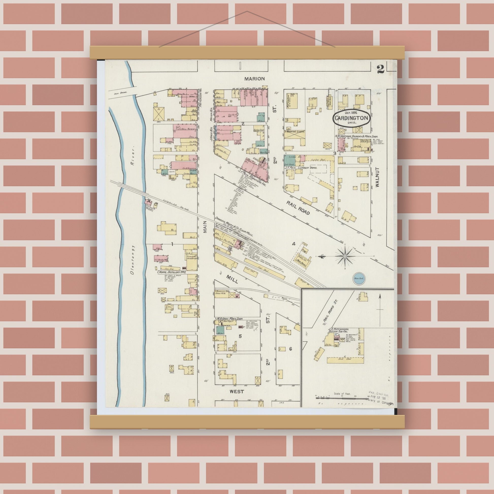 Old map wall art mockup — magnetic wood frame on brick wall — Sanborn Fire Insurance Map from Cardington, Morrow County, Ohio (1892), Sheet #0002