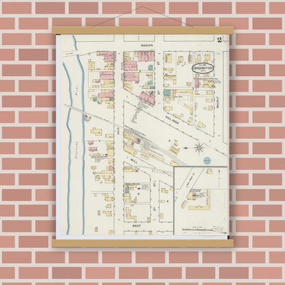 Old map wall art mockup — magnetic wood frame on brick wall — Sanborn Fire Insurance Map from Cardington, Morrow County, Ohio (1892), Sheet #0002