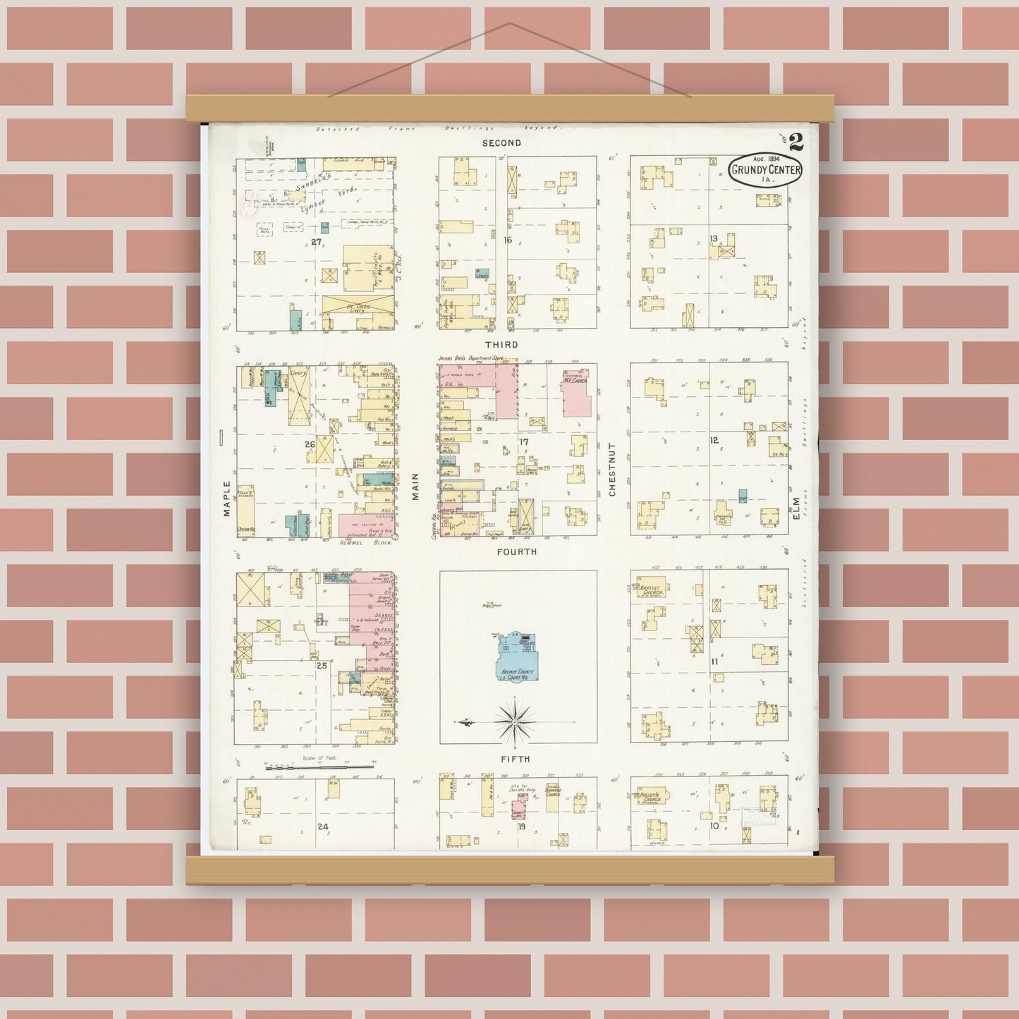 Old map wall art mockup — magnetic wood frame on brick wall — Sanborn Fire Insurance Map from Grundy Center, Grundy County, Iowa (1894), Sheet #0002