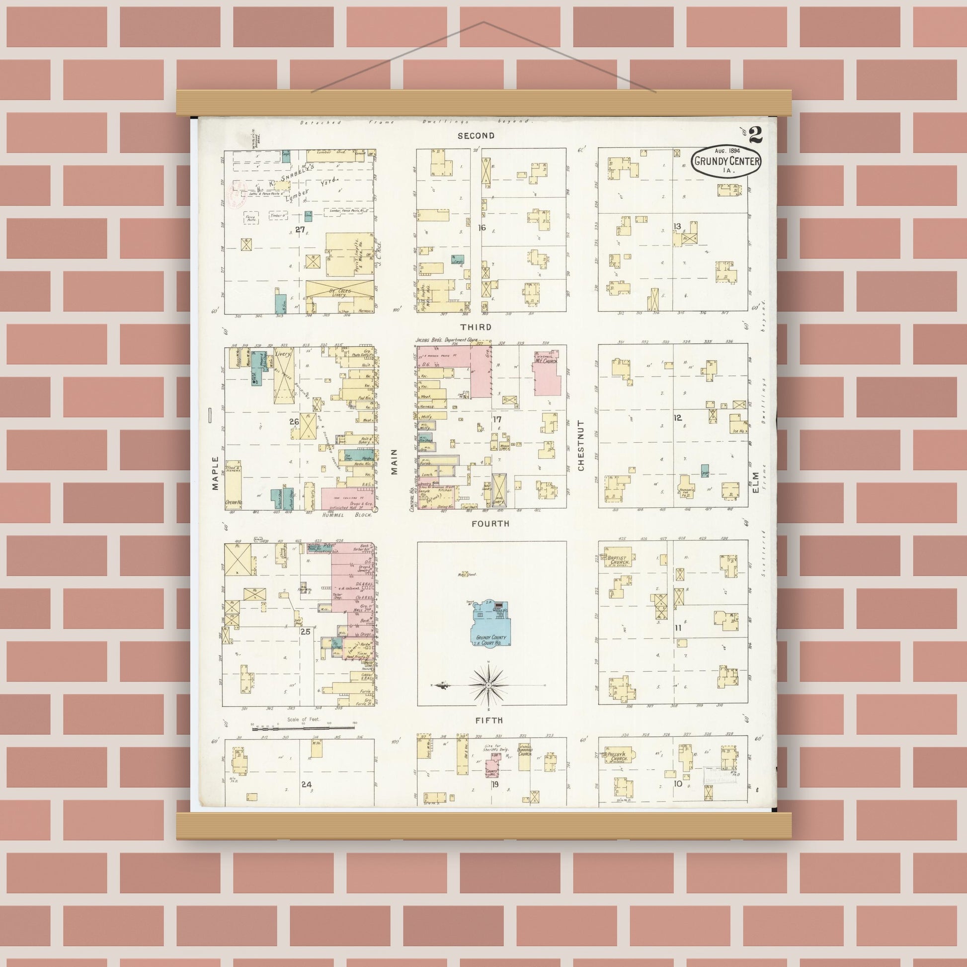 Old map wall art mockup — magnetic wood frame on brick wall — Sanborn Fire Insurance Map from Grundy Center, Grundy County, Iowa (1894), Sheet #0002