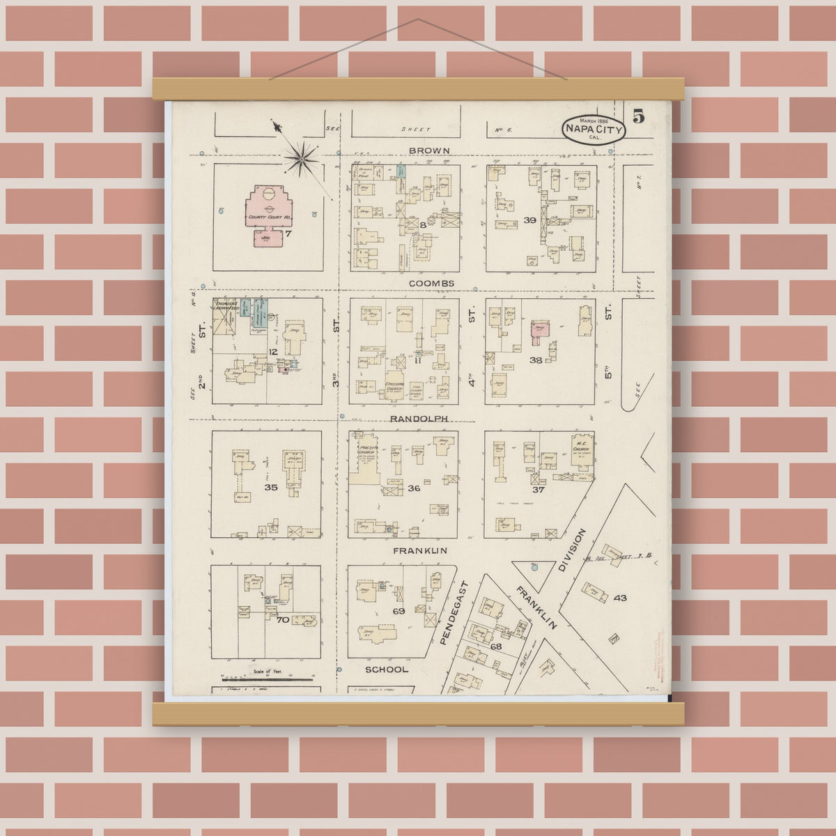 Old map wall art mockup — magnetic wood frame on brick wall — Sanborn Fire Insurance Map from Napa, Napa County, California (1886), Sheet #0005