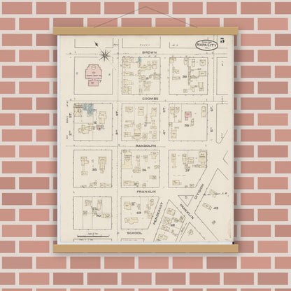 Old map wall art mockup — magnetic wood frame on brick wall — Sanborn Fire Insurance Map from Napa, Napa County, California (1886), Sheet #0005