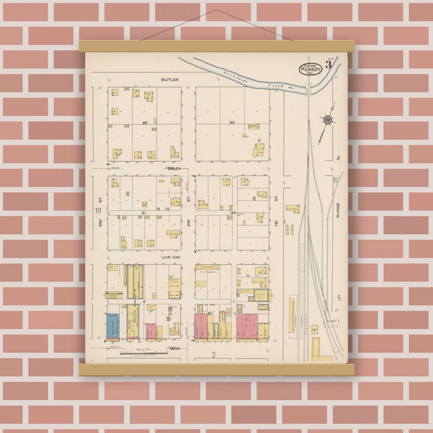 Old map wall art mockup — magnetic wood frame on brick wall — Sanborn Fire Insurance Map from Kenedy, Karnes County, Texas (1922), Sheet #0003