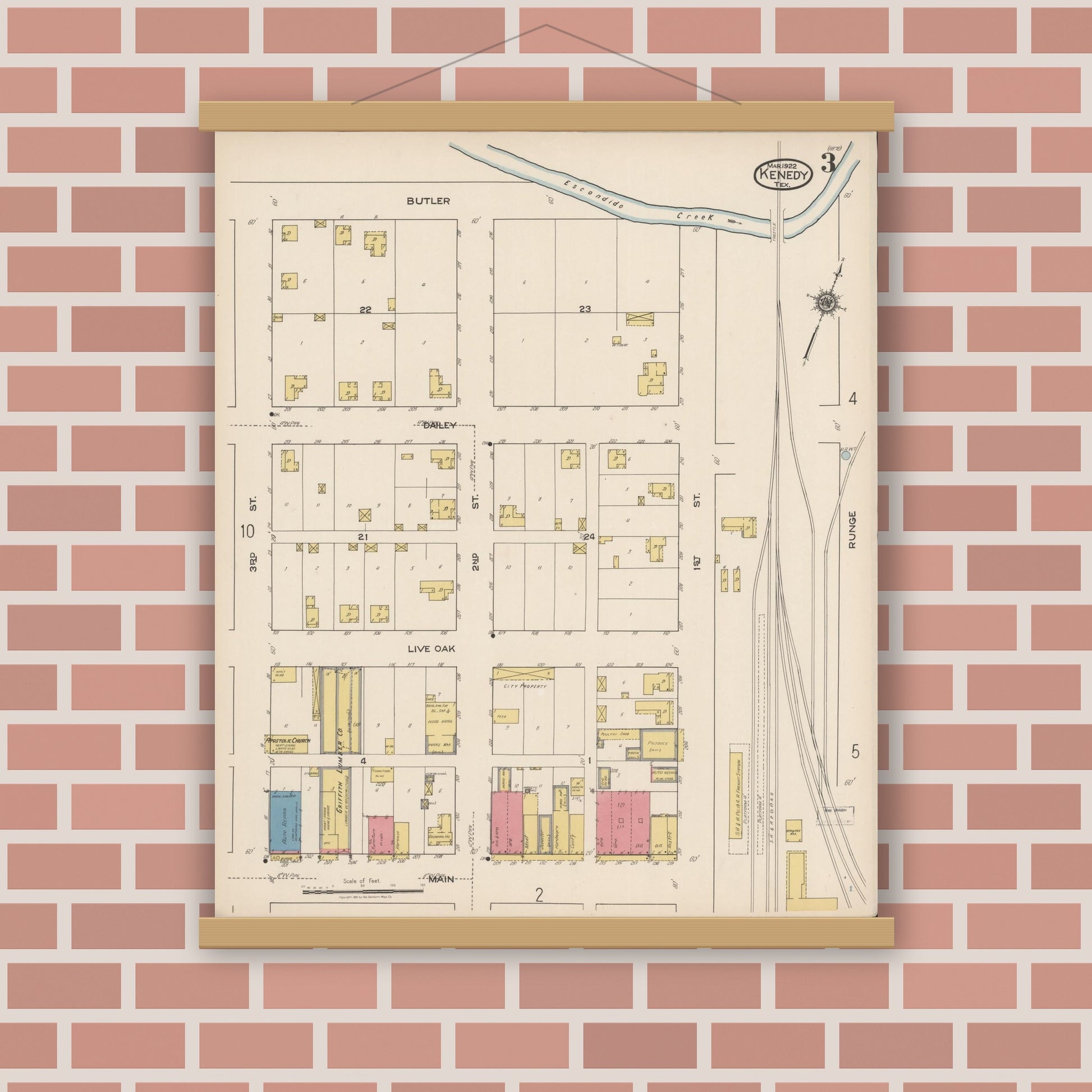 Old map wall art mockup — magnetic wood frame on brick wall — Sanborn Fire Insurance Map from Kenedy, Karnes County, Texas (1922), Sheet #0003