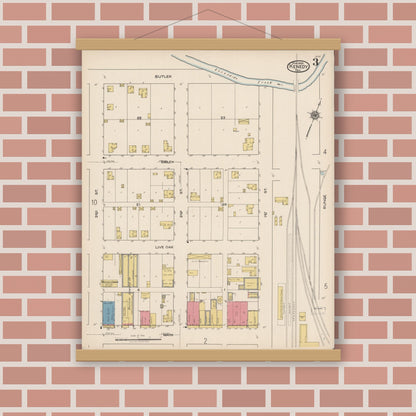 Old map wall art mockup — magnetic wood frame on brick wall — Sanborn Fire Insurance Map from Kenedy, Karnes County, Texas (1922), Sheet #0003