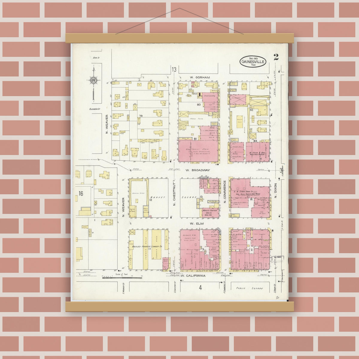 Old map wall art mockup — magnetic wood frame on brick wall — Sanborn Fire Insurance Map from Gainesville, Cooke County, Texas (1913), Sheet #0002
