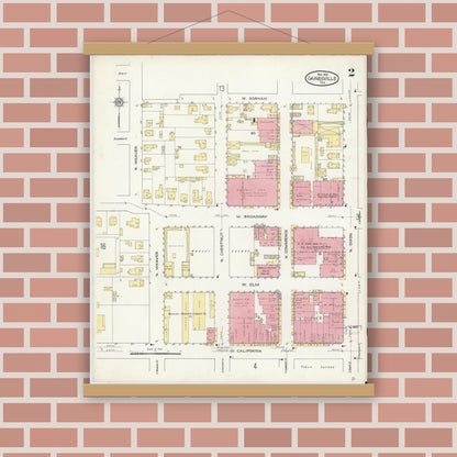 Old map wall art mockup — magnetic wood frame on brick wall — Sanborn Fire Insurance Map from Gainesville, Cooke County, Texas (1913), Sheet #0002