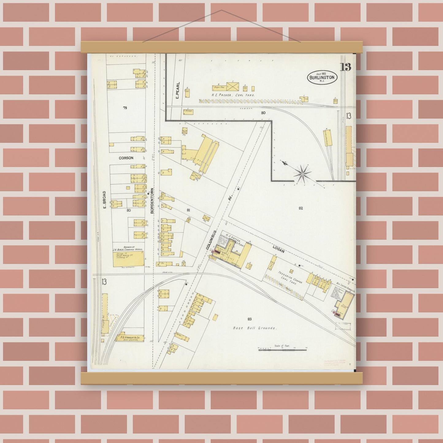 Old map wall art mockup — magnetic wood frame on brick wall — Sanborn Fire Insurance Map from Burlington, Burlington County, New Jersey (1902), Sheet #0013