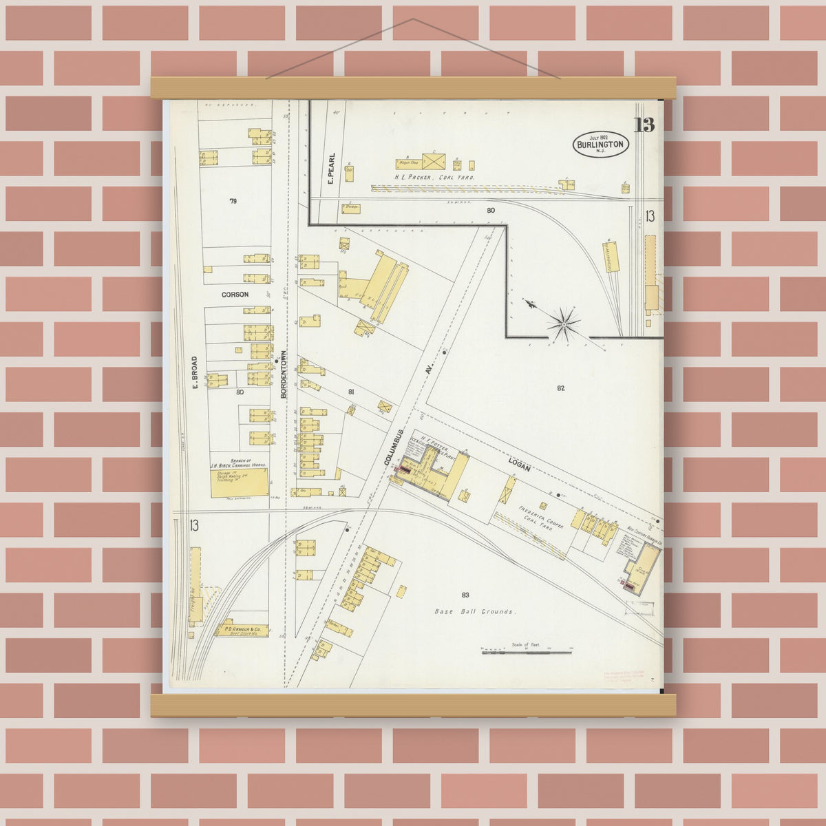 Old map wall art mockup — magnetic wood frame on brick wall — Sanborn Fire Insurance Map from Burlington, Burlington County, New Jersey (1902), Sheet #0013