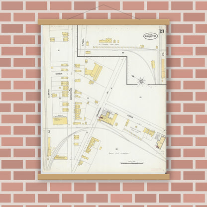 Old map wall art mockup — magnetic wood frame on brick wall — Sanborn Fire Insurance Map from Burlington, Burlington County, New Jersey (1902), Sheet #0013