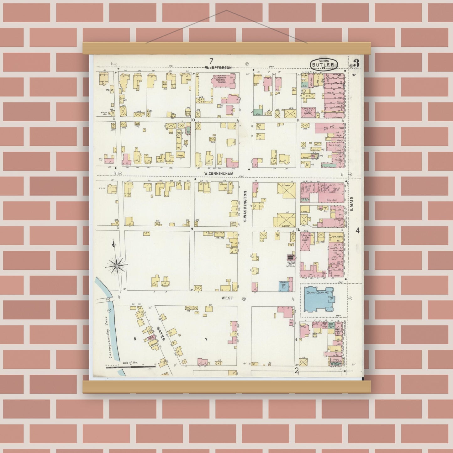 Old map wall art mockup — magnetic wood frame on brick wall — Sanborn Fire Insurance Map from Butler, Butler County, Pennsylvania (1896), Sheet #0003