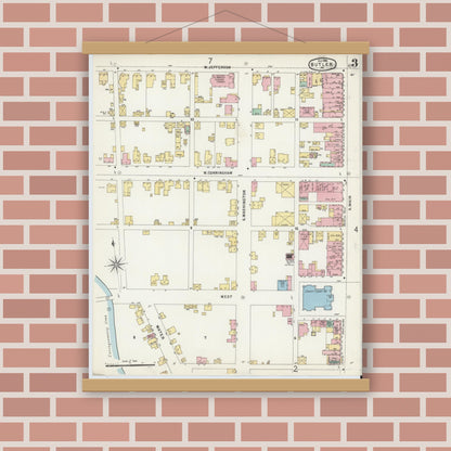 Old map wall art mockup — magnetic wood frame on brick wall — Sanborn Fire Insurance Map from Butler, Butler County, Pennsylvania (1896), Sheet #0003