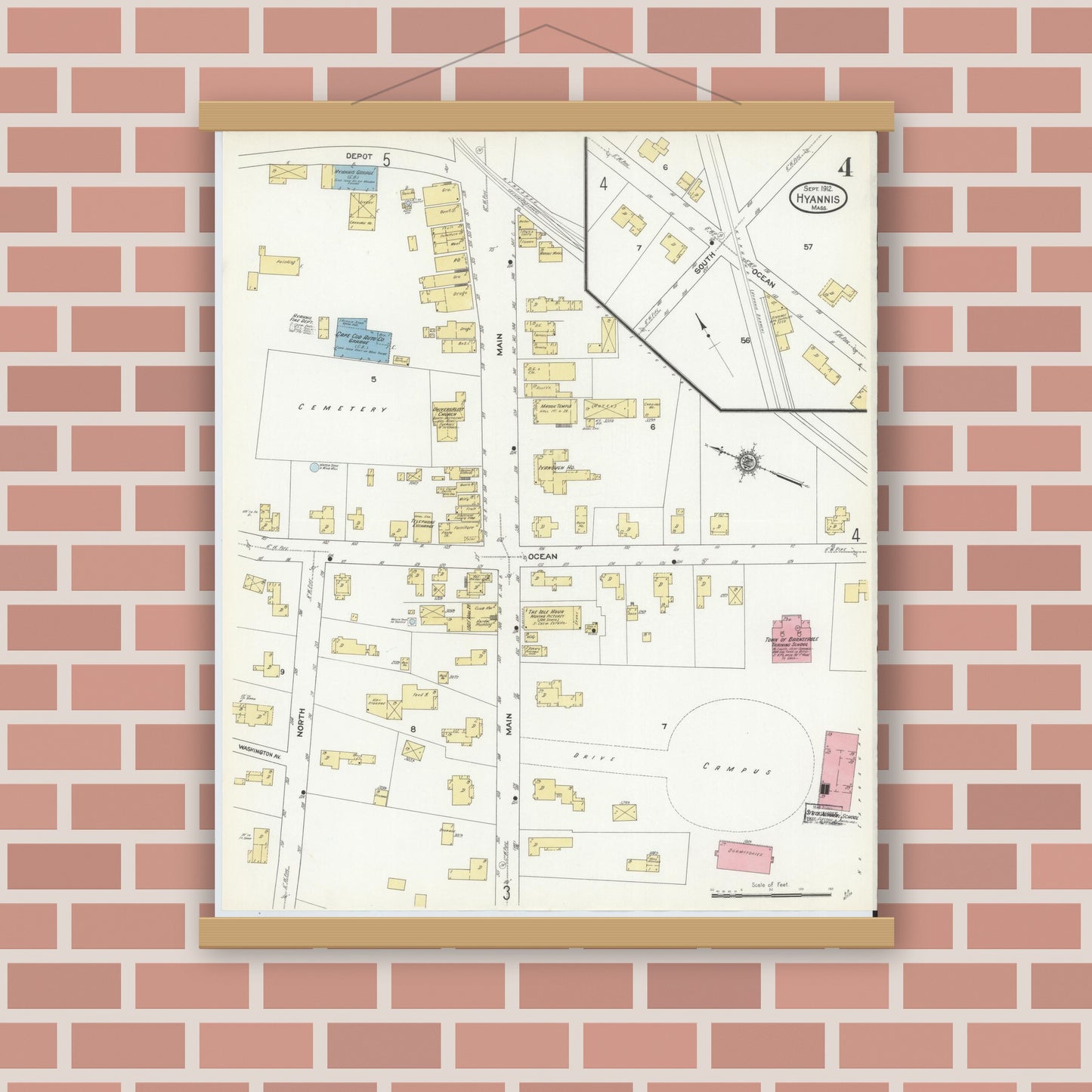 Old map wall art mockup — magnetic wood frame on brick wall — Sanborn Fire Insurance Map from Hyannis, Barnstable County, Massachusetts (1912), Sheet #0004