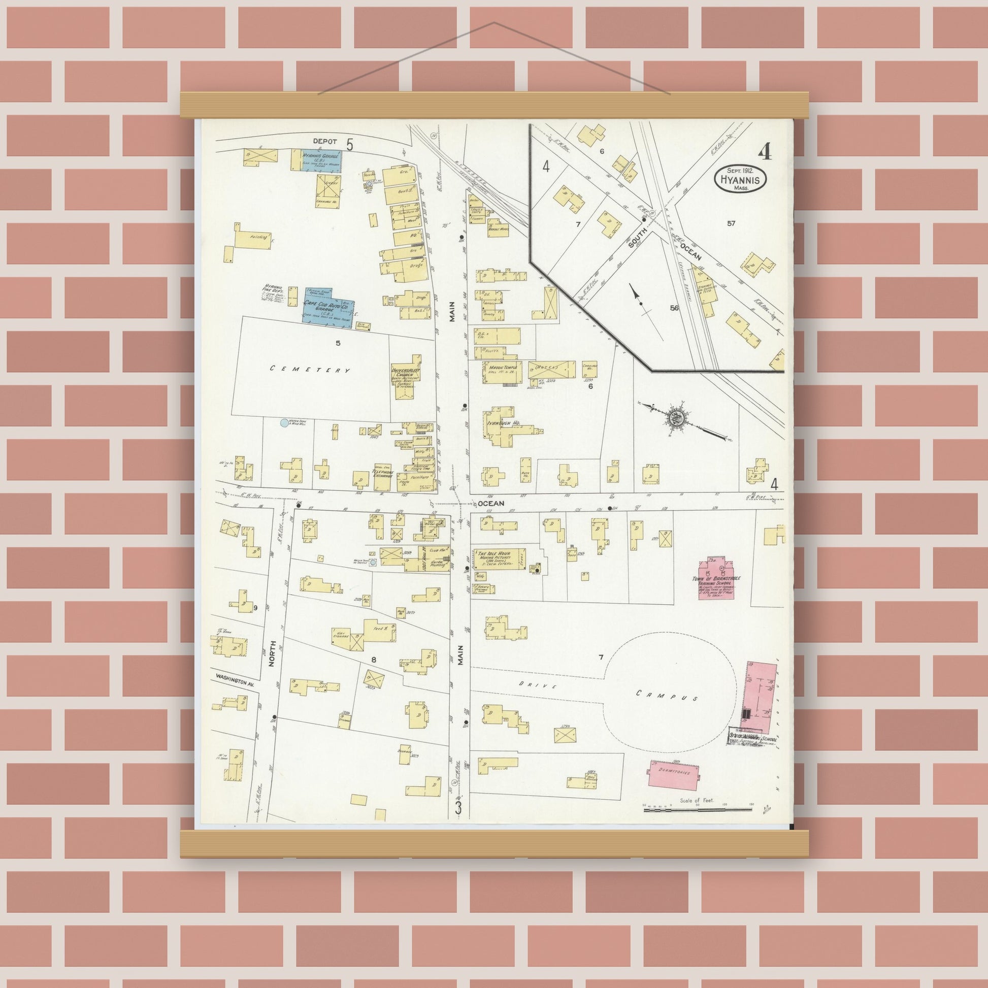Old map wall art mockup — magnetic wood frame on brick wall — Sanborn Fire Insurance Map from Hyannis, Barnstable County, Massachusetts (1912), Sheet #0004