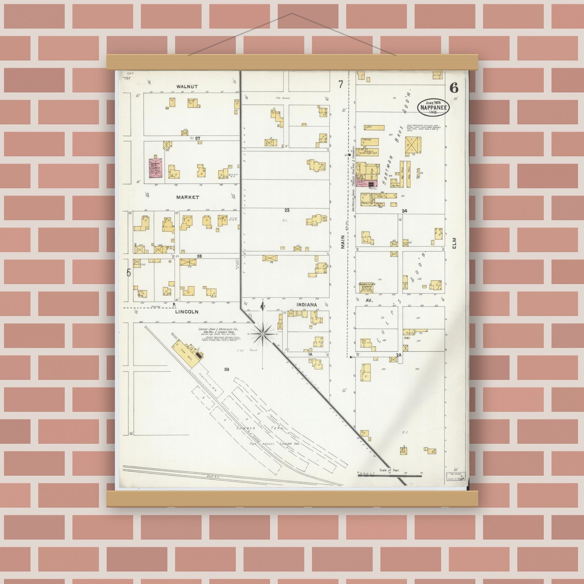 Old map wall art mockup — magnetic wood frame on brick wall — Sanborn Fire Insurance Map from Nappanee, Elkhart County, Indiana (1905), Sheet #0006
