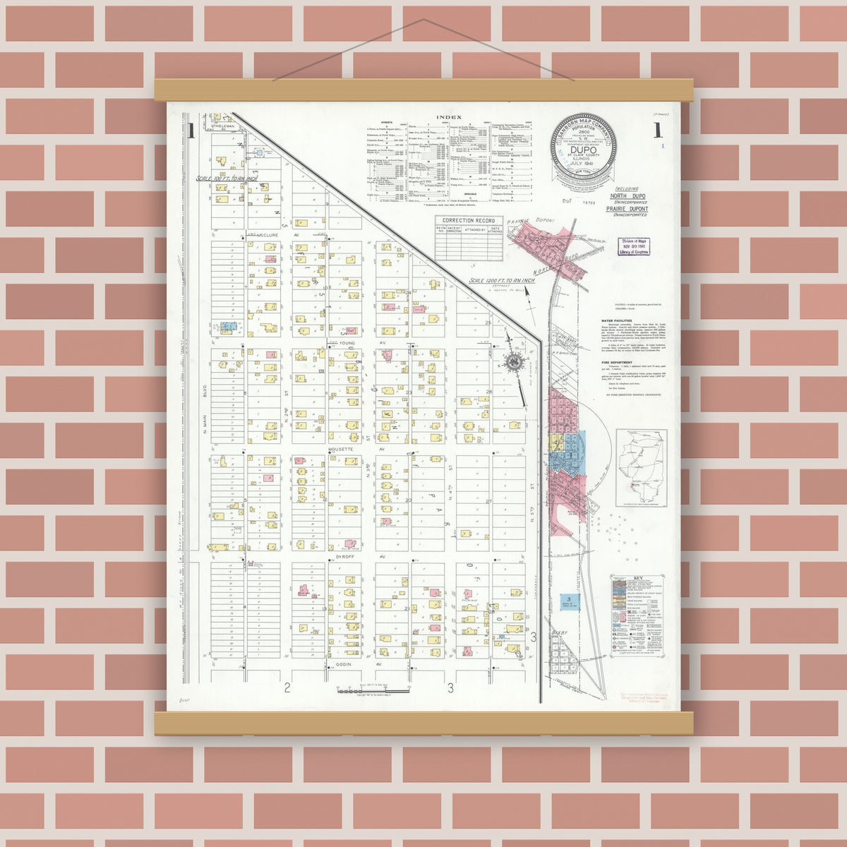 Old map wall art mockup — magnetic wood frame on brick wall — Sanborn Fire Insurance Map from Dupo, Saint Clair County, Illinois (1941) - Complete Map Set