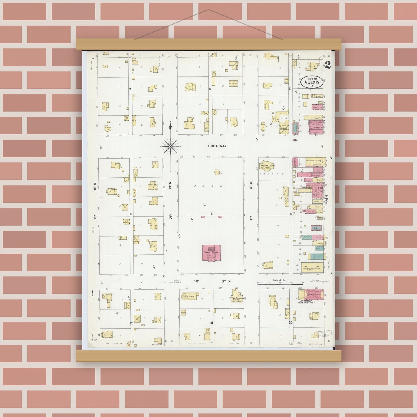 Old map wall art mockup — magnetic wood frame on brick wall — Sanborn Fire Insurance Map from Alexis, Warren County, Illinois (1907), Sheet #0002